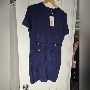 New With Tags! Pretty Garden Navy Blue Dress W/gold Accents. *roomy* Small